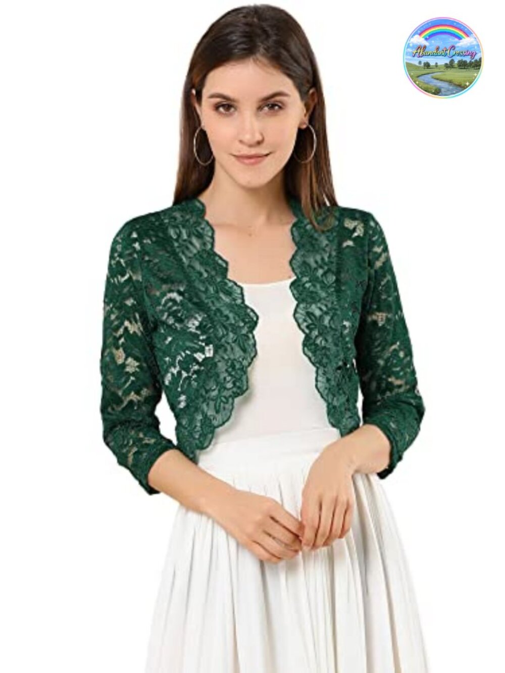 Women's Sheer Floral Lace Shrug Bolero 3/4 Sleeve Open Front Top